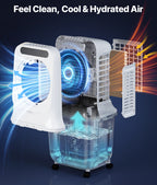 Portable air cooler with water tank and fan, labeled 'Feel Clean, Cool & Hydrated Air'.