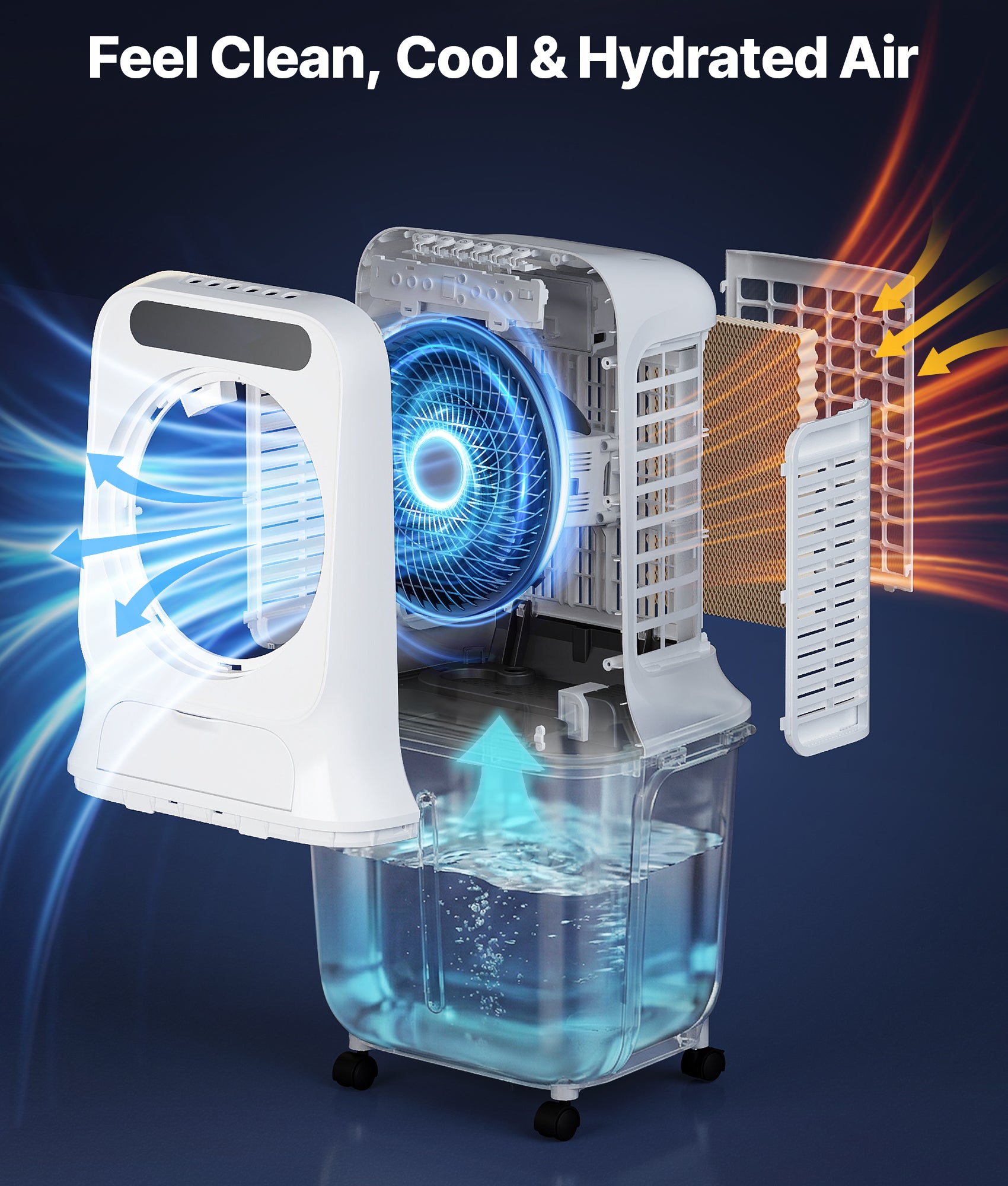 Portable air cooler with water tank and fan, labeled 'Feel Clean, Cool & Hydrated Air'.