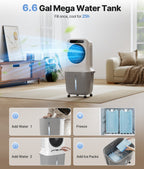 Portable air cooler with 6.6 gal mega water tank in a living room setting