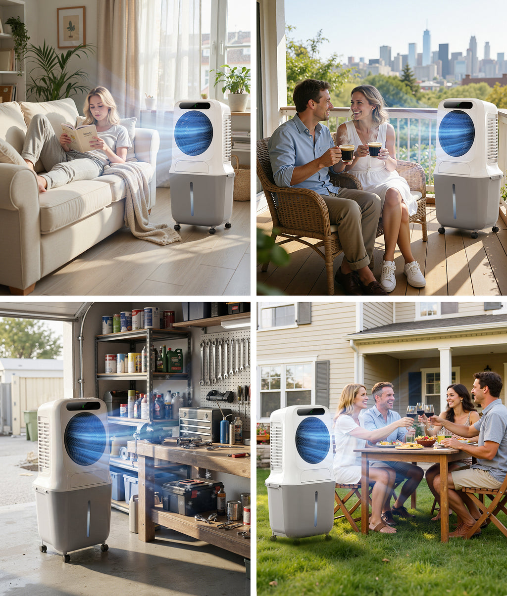Portable air conditioner used in various settings including a living room, patio, garage, and outdoor dining area.