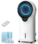 Portable air conditioner with remote control and ice packs on a white background