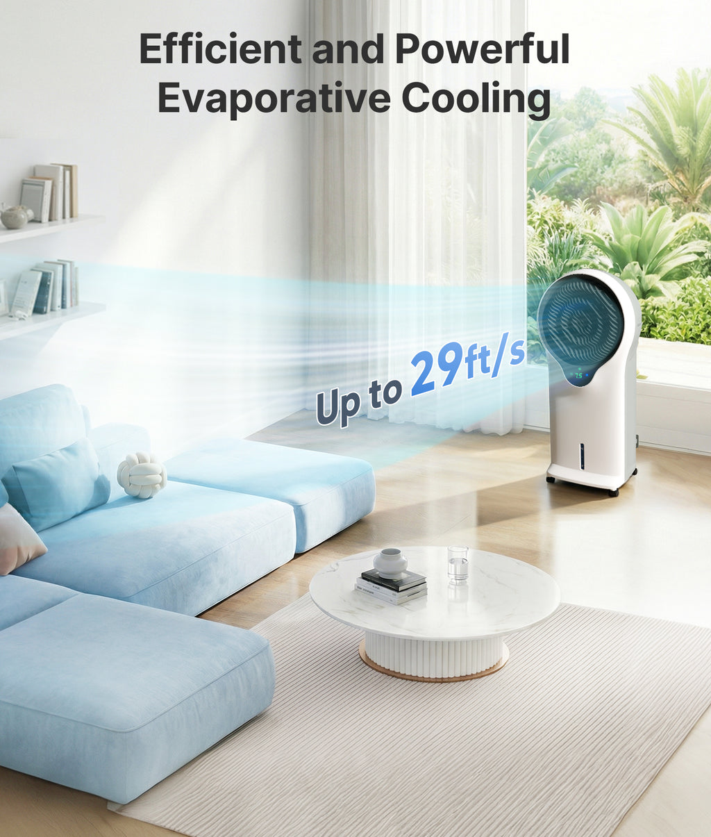 Modern living room with an evaporative cooler and text highlighting its efficiency.