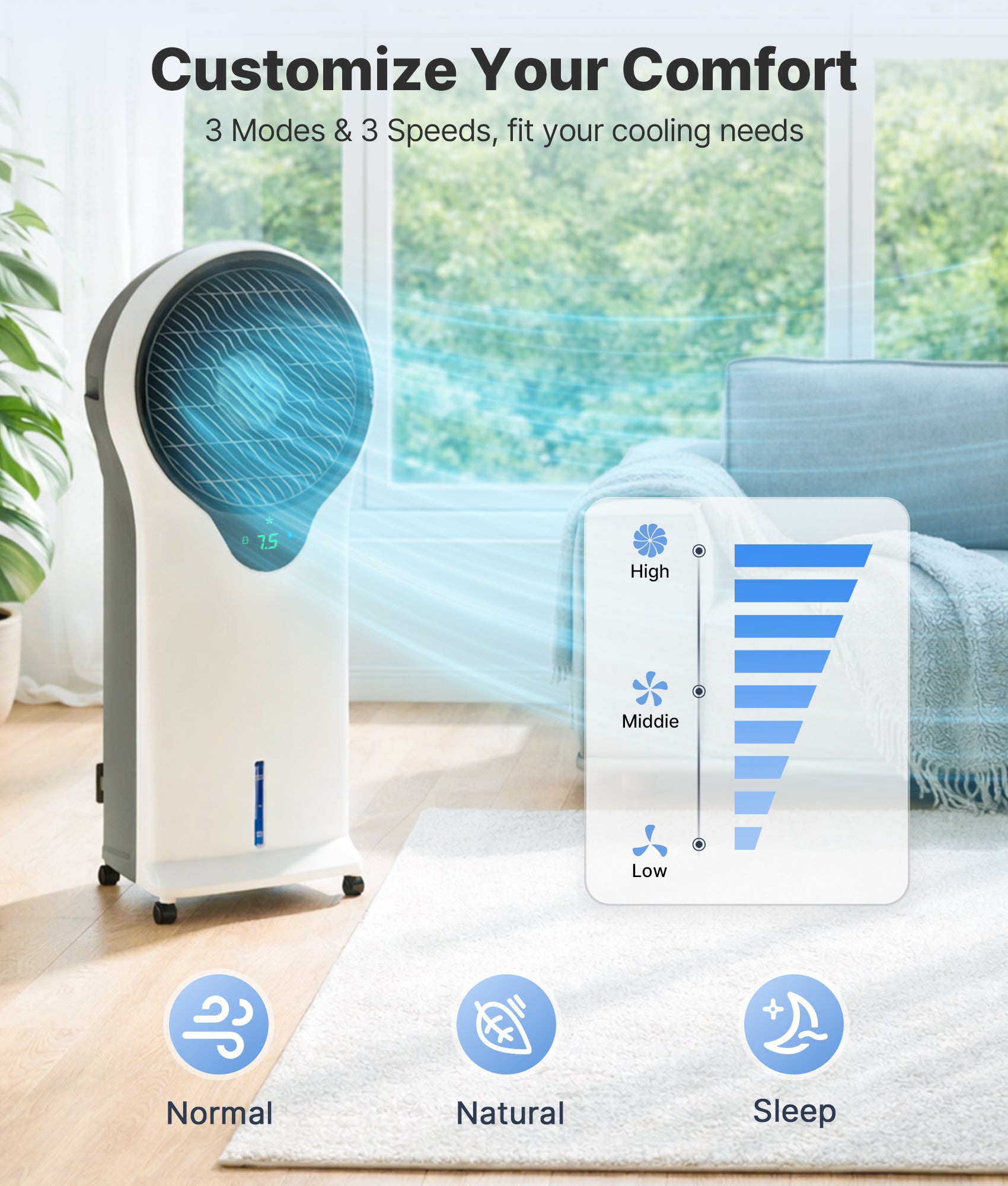 Portable air conditioner with control panel in a room setting