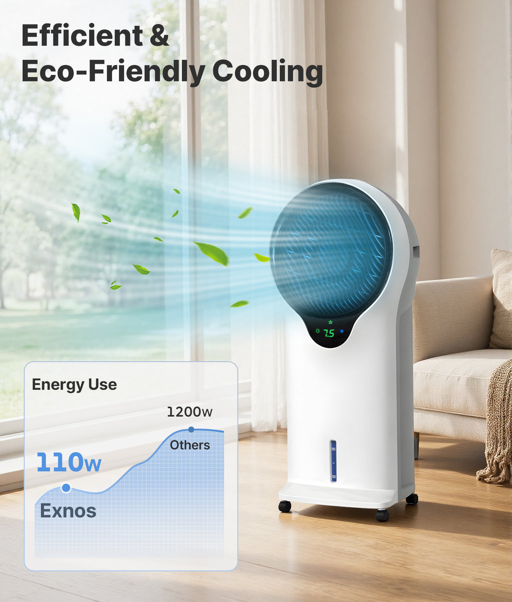 Portable air conditioner in a room with energy use graphic