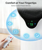 Control panel of a fan with buttons for cooler, speed, swing, timer, and sleep, and a remote control held by a hand.