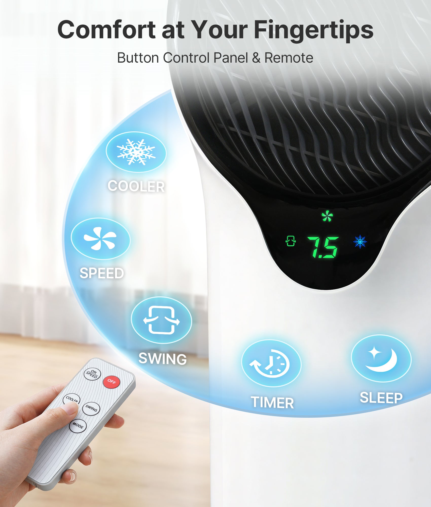 Control panel of a fan with buttons for cooler, speed, swing, timer, and sleep, and a remote control held by a hand.