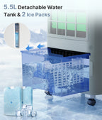Portable air conditioner with detachable water tank and ice packs on a white background