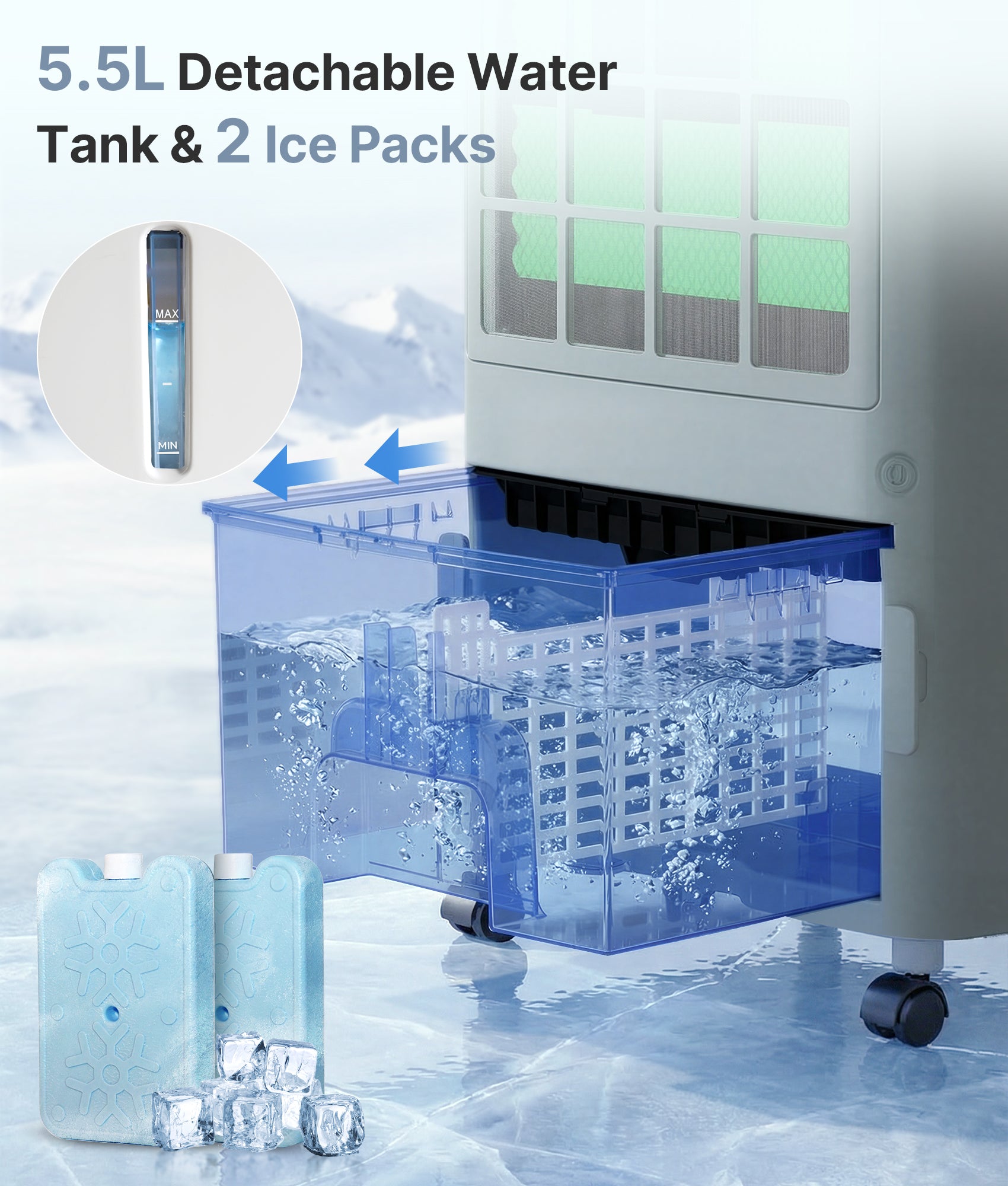 Portable air conditioner with detachable water tank and ice packs on a white background