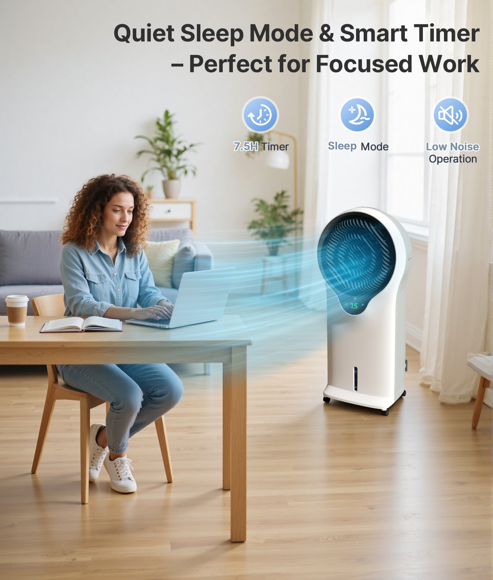 Woman working on a laptop with a white air purifier in the background, emphasizing Quiet Sleep Mode and Smart Timer features.