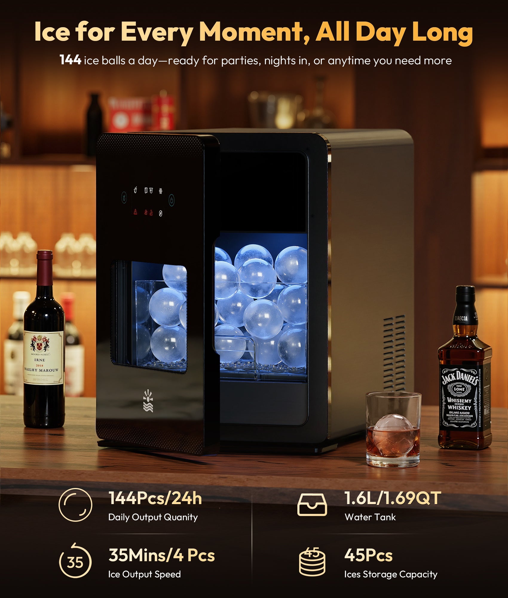 Ice maker with ice cubes displayed, surrounded by bottles and a glass on a wooden surface.