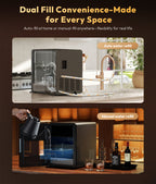 Dual-fill water dispenser with kitchen and bar settings on a dark background