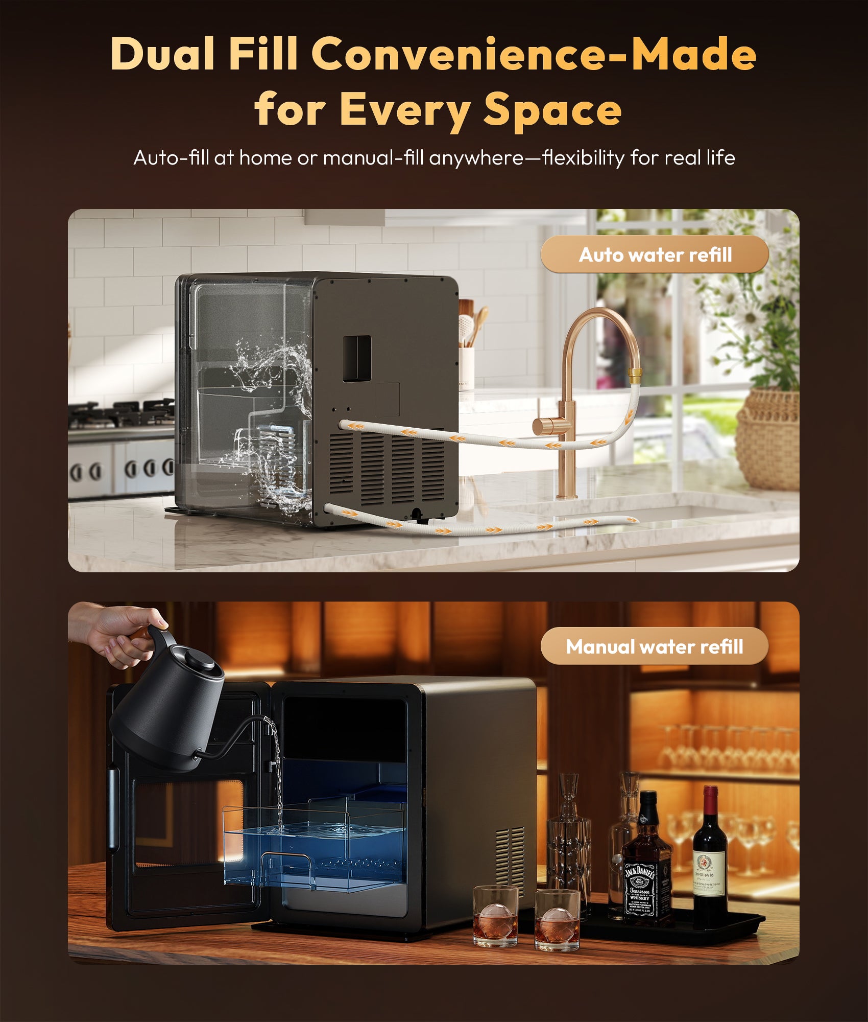 Dual-fill water dispenser with kitchen and bar settings on a dark background