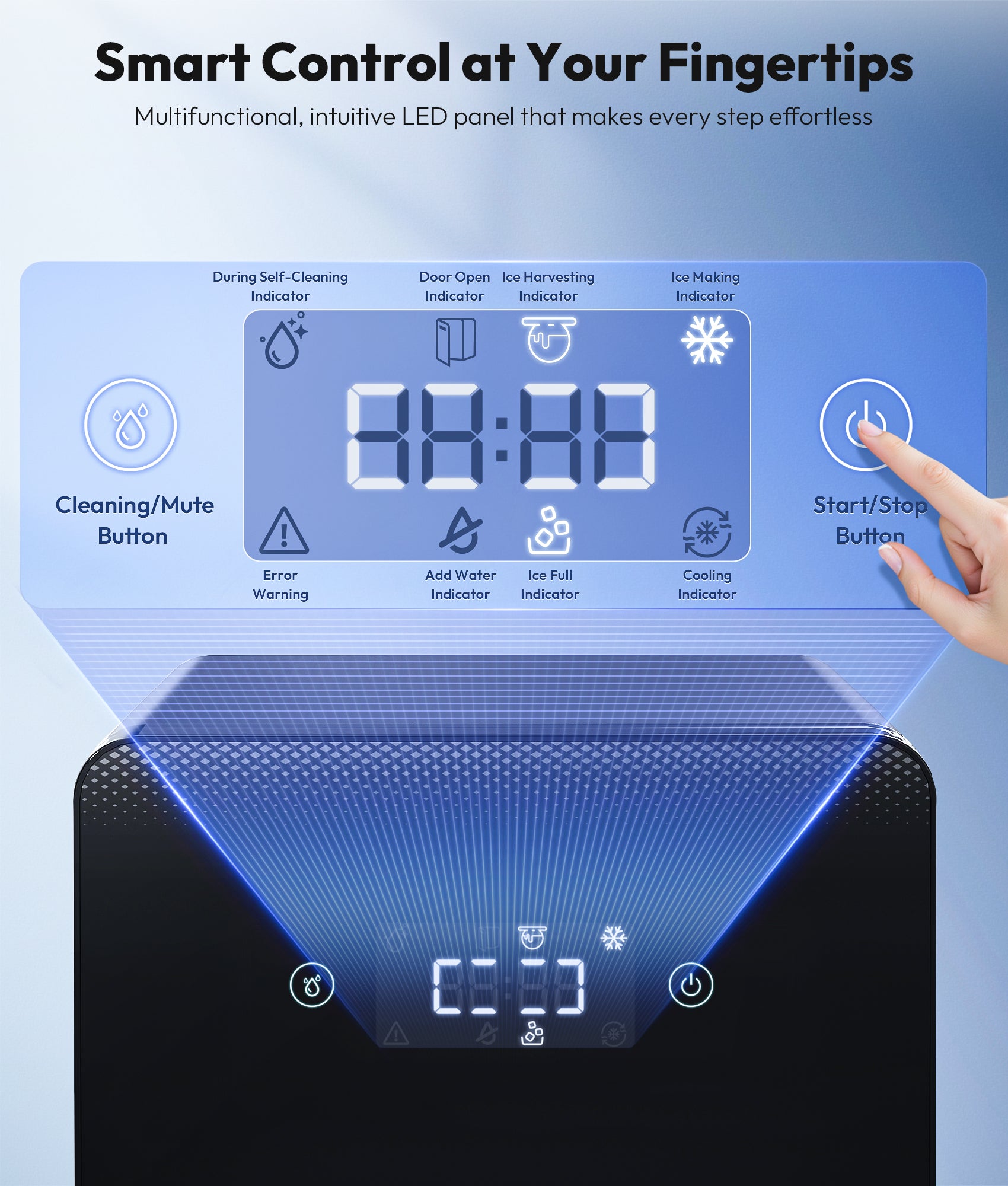 Smart control panel with digital display and user interface on a blue background
