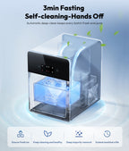 Ice machine with text highlighting self-cleaning feature on a light blue background