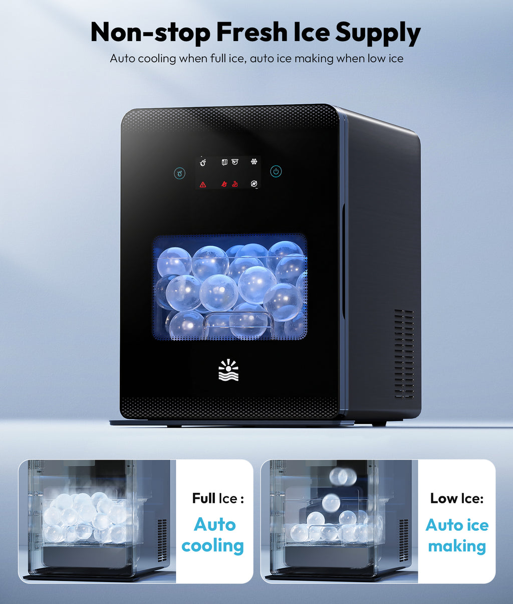 Ice maker with ice storage compartments and text about non-stop fresh ice supply.