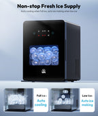 Ice maker with ice storage compartments and text about non-stop fresh ice supply.