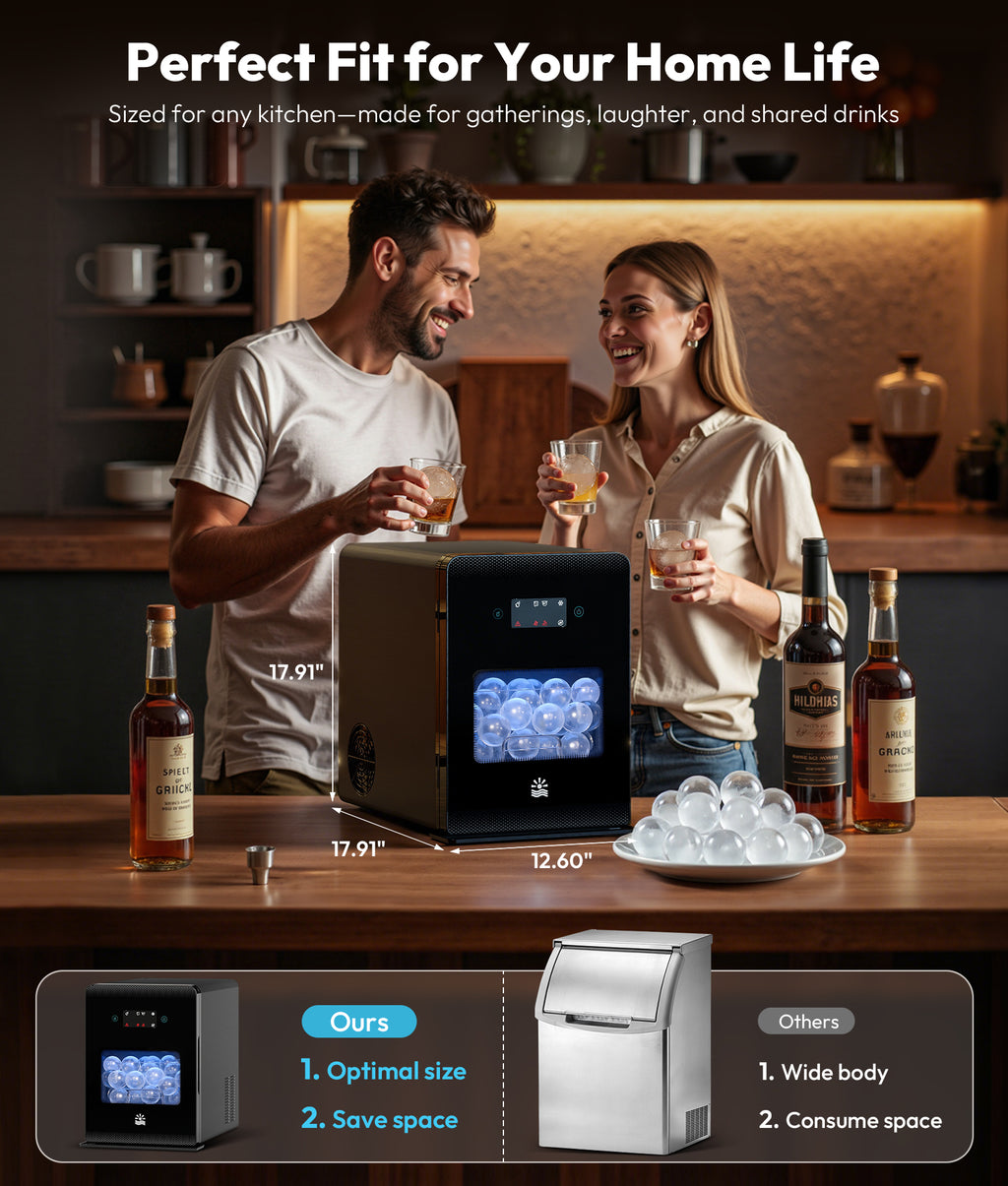 Two people enjoying drinks in a kitchen with an ice maker, text about perfect fit for home life, and comparison of 'Ours' vs 'Others' ice makers.