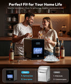 Two people enjoying drinks in a kitchen with an ice maker, text about perfect fit for home life, and comparison of 'Ours' vs 'Others' ice makers.