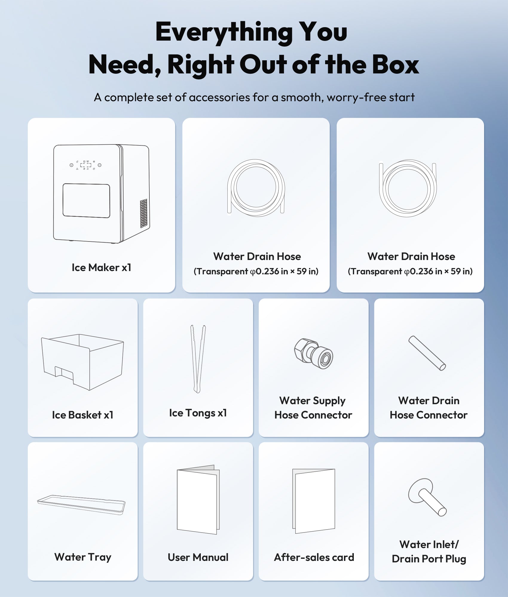 List of accessories included with a kitchen appliance on a light blue background
