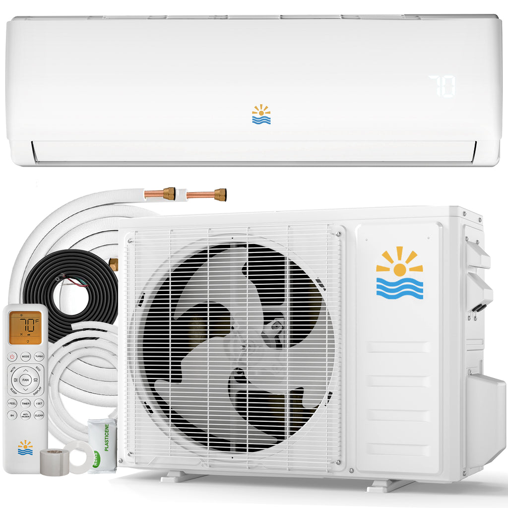 Split air conditioner with outdoor unit and remote control on a white background