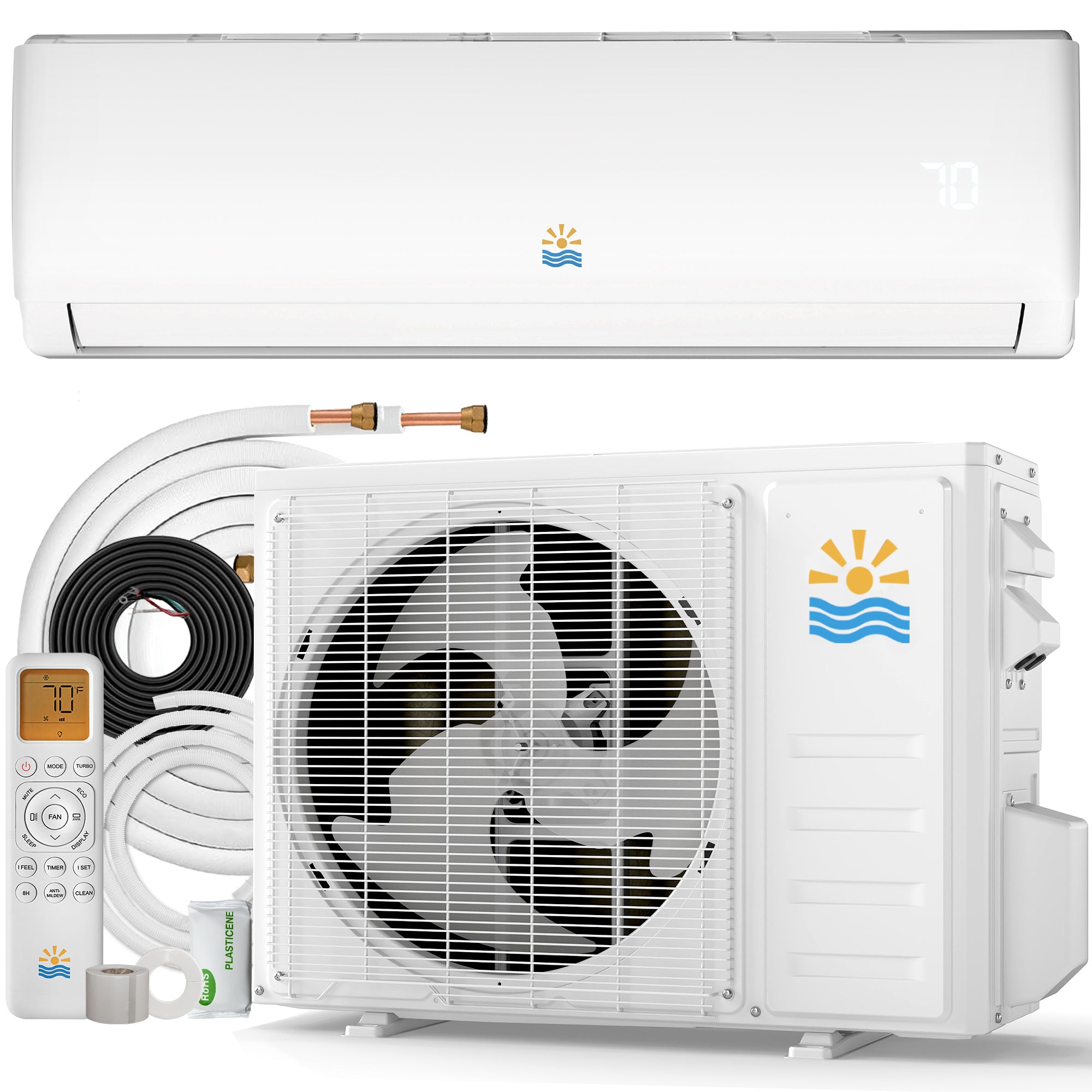 Split air conditioner with outdoor unit and remote control on a white background