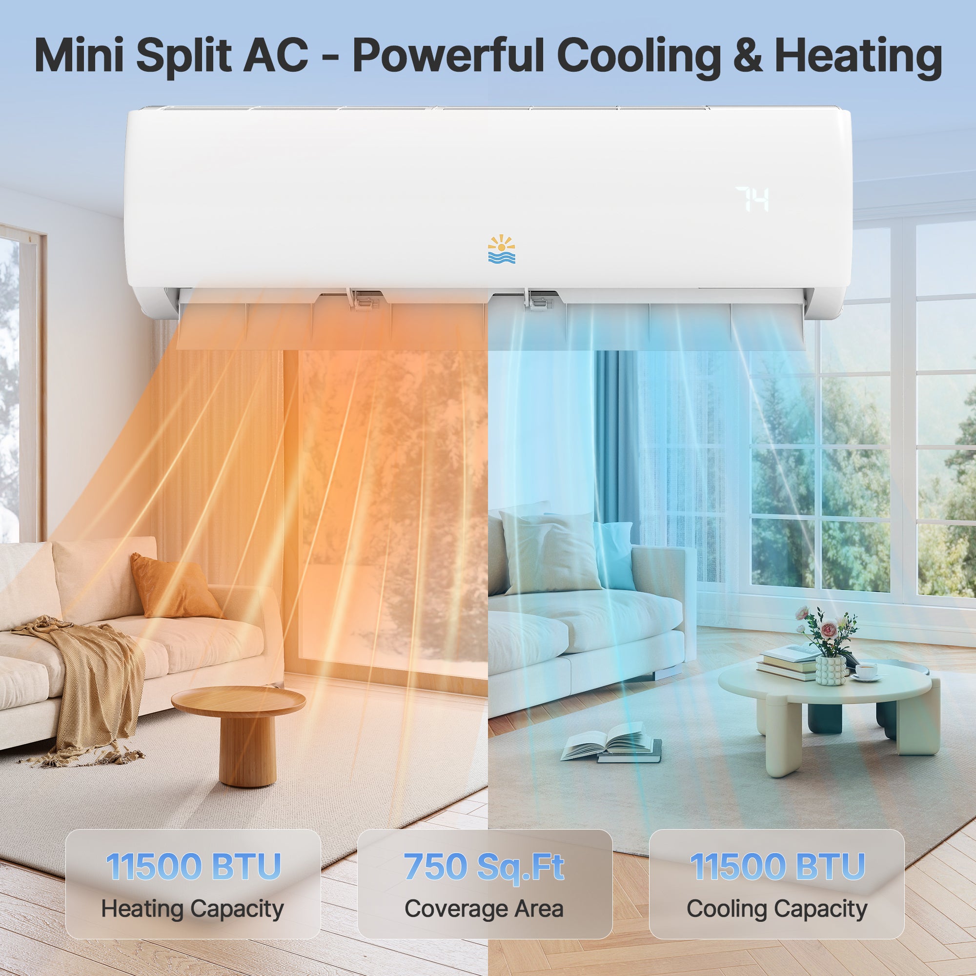 Mini split AC unit with heating and cooling effects in a living room setting.