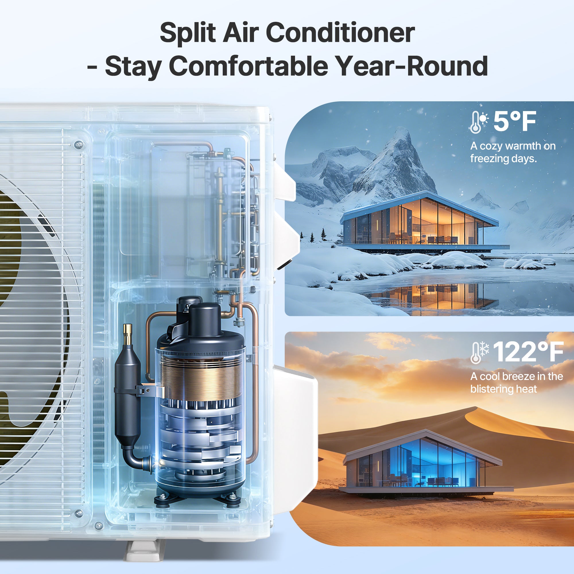 Split air conditioner with images of a house in winter and summer, text indicating temperature range.