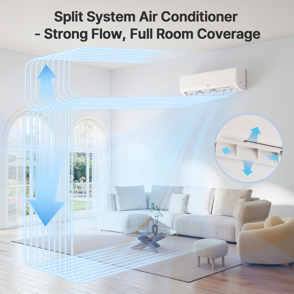 Split system air conditioner in a living room with airflow illustration
