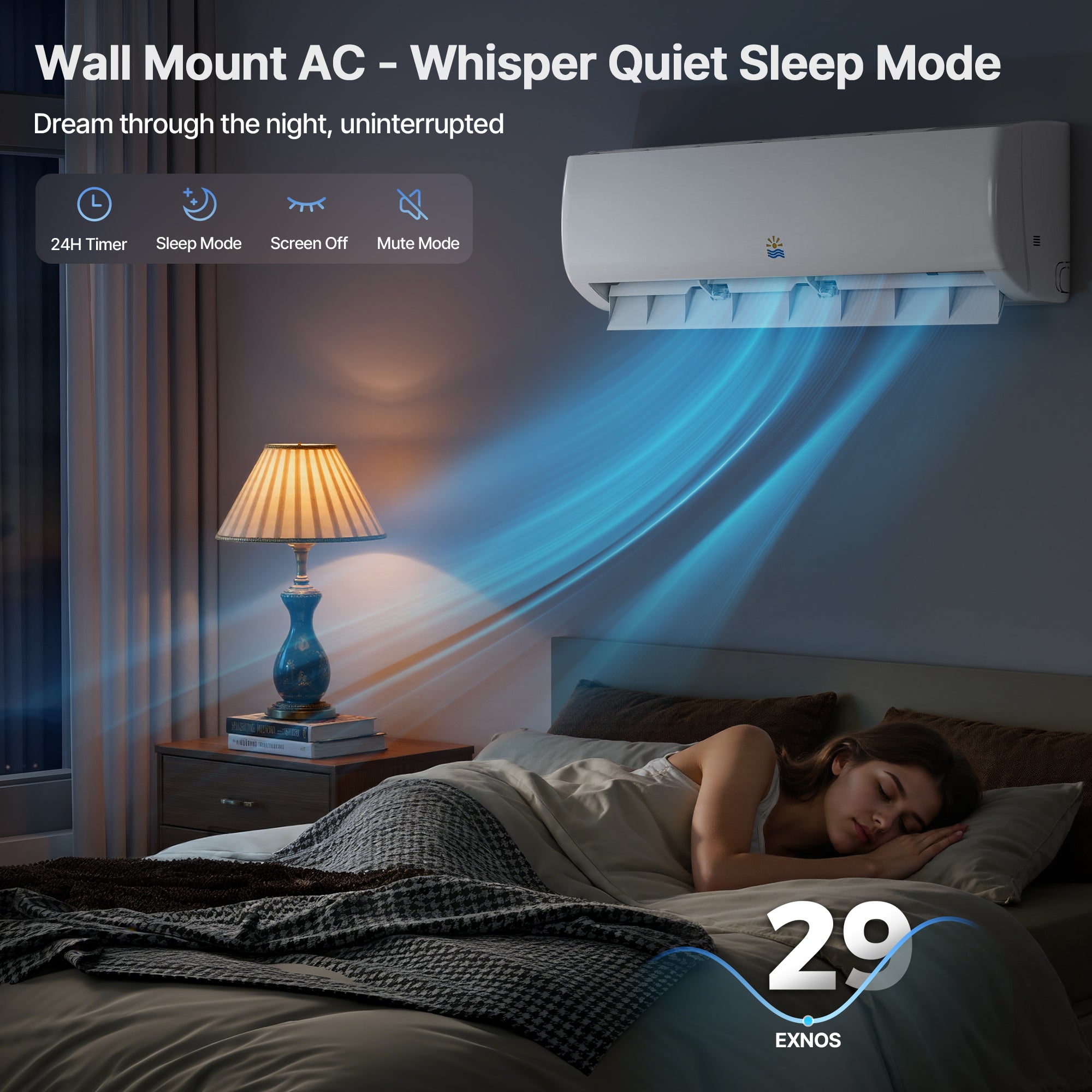 Wall mount air conditioner in a bedroom with a woman sleeping, highlighting whisper quiet sleep mode.