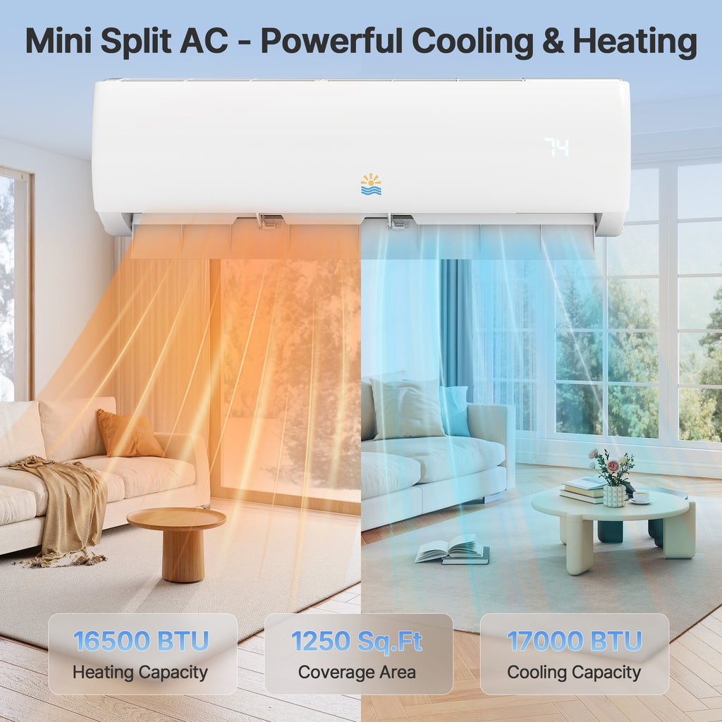 Mini split AC unit with heating and cooling effects in a living room setting.