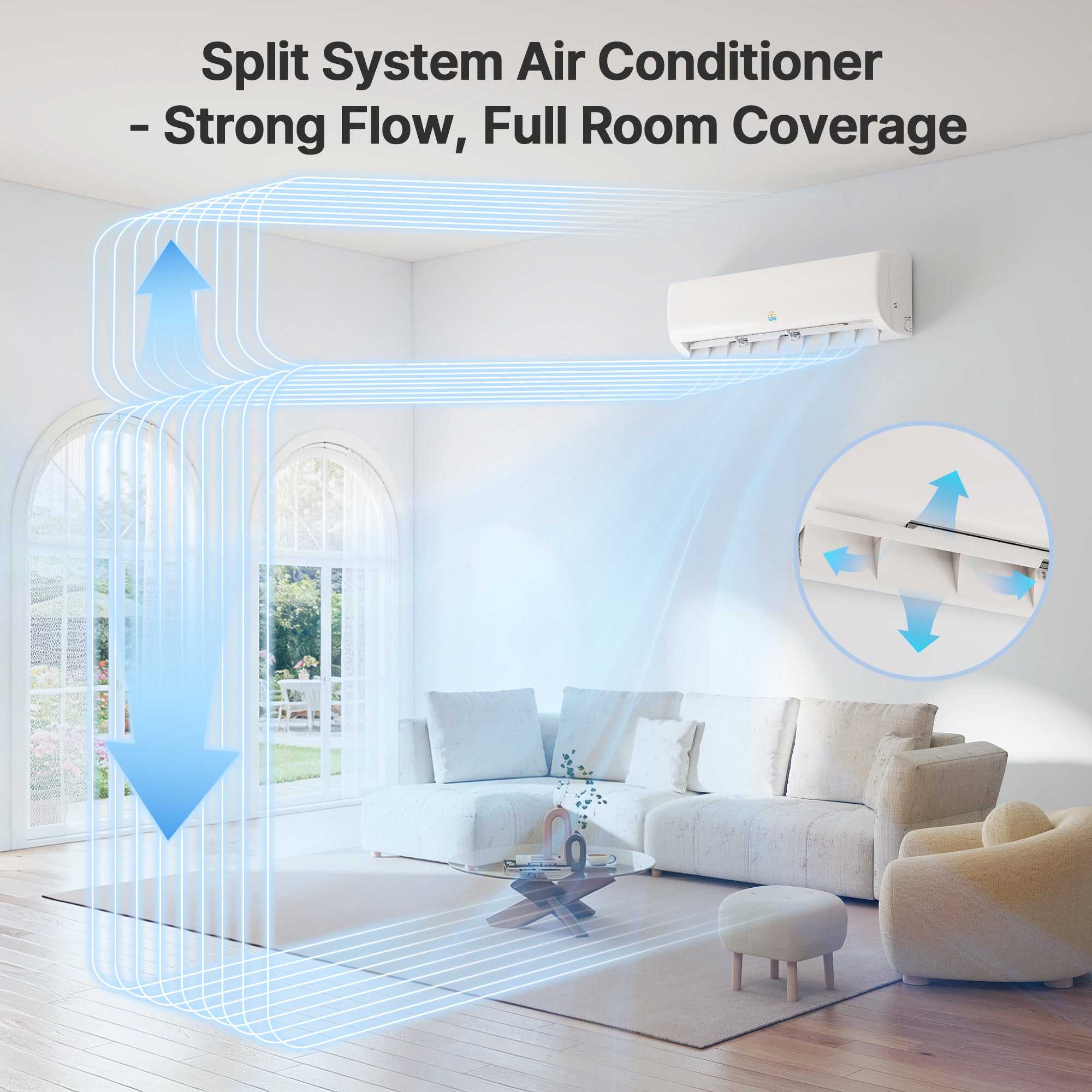 Split system air conditioner in a living room with airflow illustration