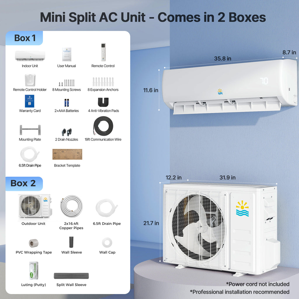 Mini split AC unit with packaging list on a blue background