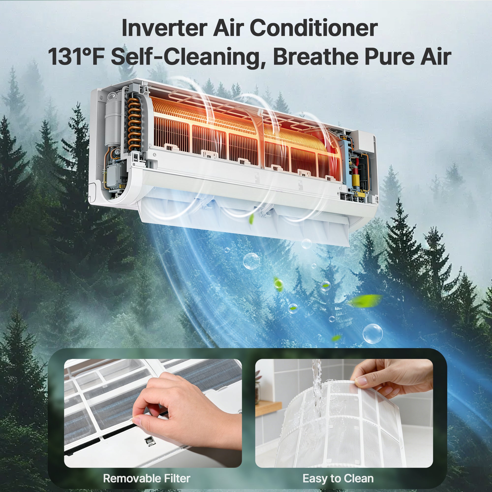 Inverter air conditioner with self-cleaning feature, forest background
