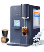 Blue coffee and ice machine dispensing a glass of iced coffee, with coffee pods and ice cubes on a white background.