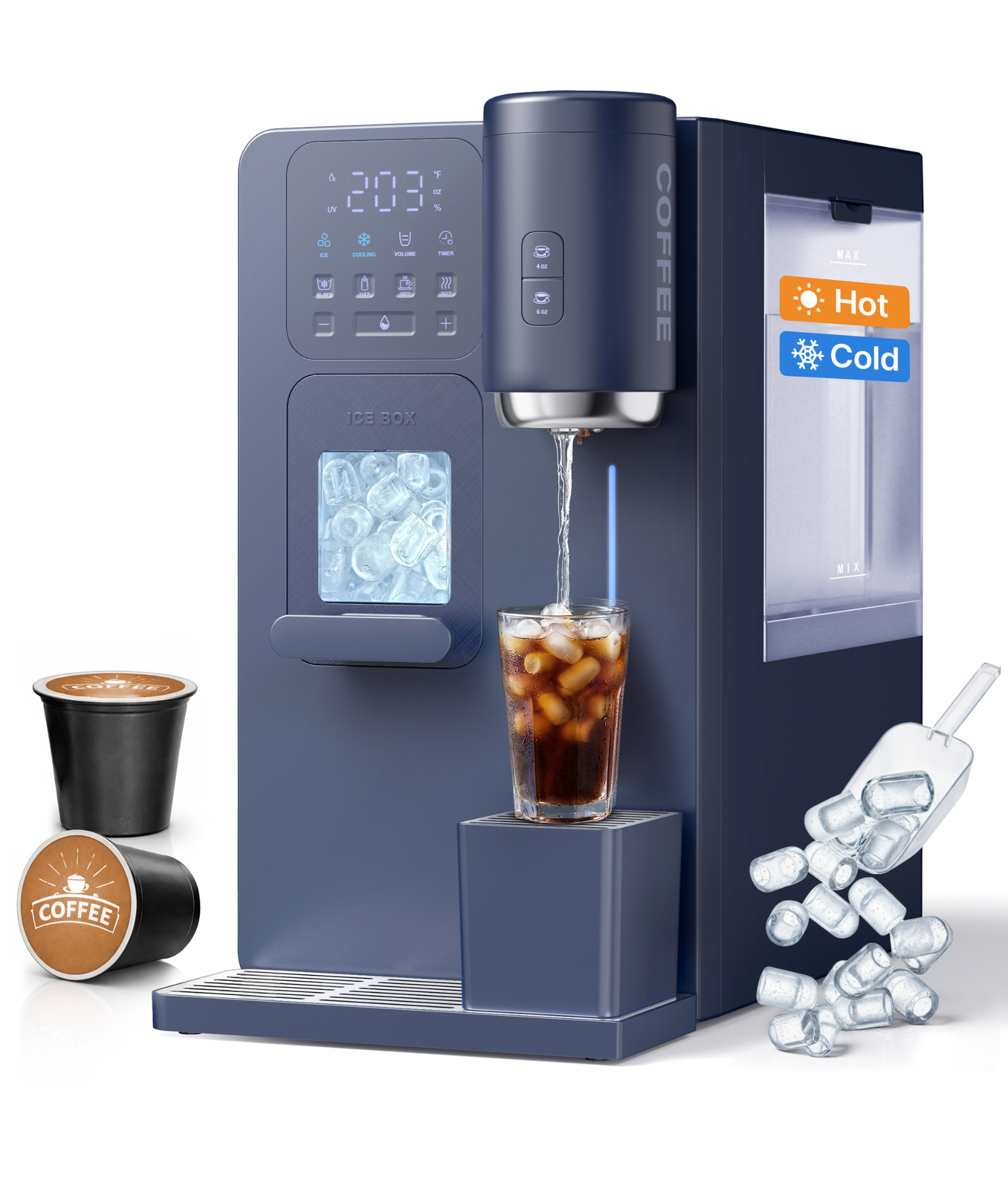 Blue coffee and ice machine dispensing a glass of iced coffee, with coffee pods and ice cubes on a white background.