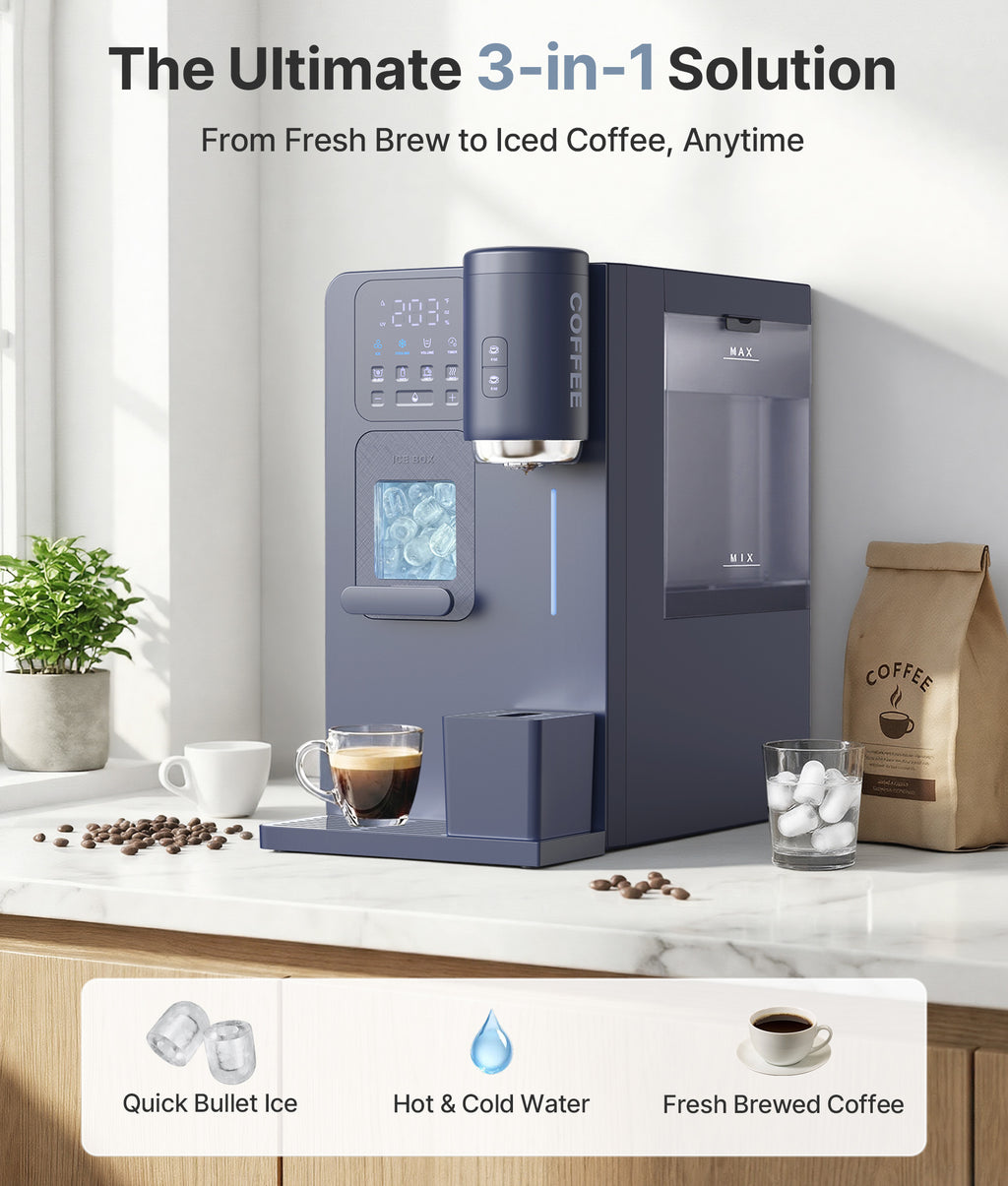 Coffee machine with features for fresh brew, iced coffee, and hot water on a kitchen counter.
