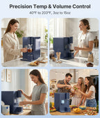 Collage of a person using a coffee machine with text about precision temperature and volume control.