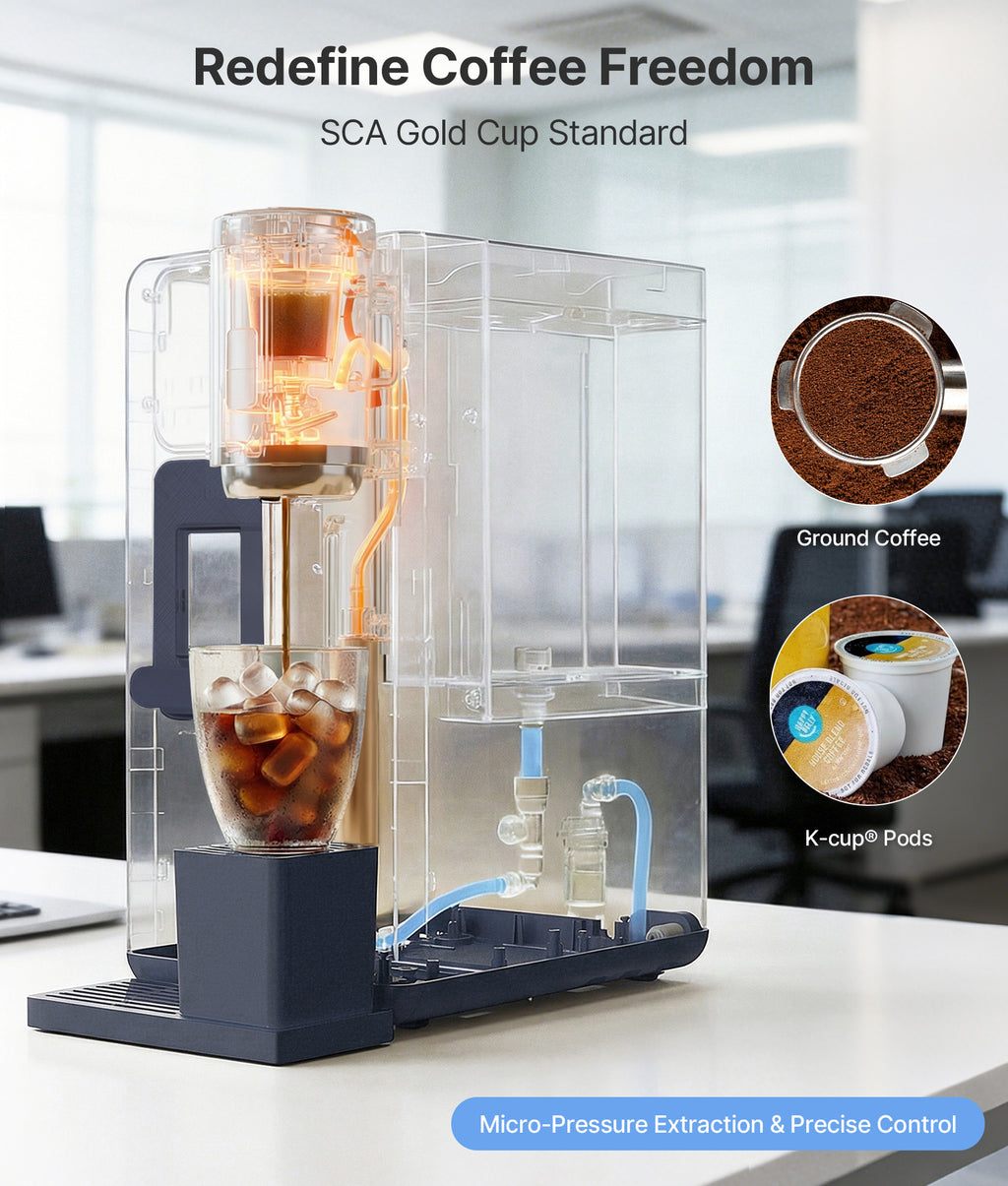 Coffee machine with clear design showing brewing process, surrounded by office furniture.