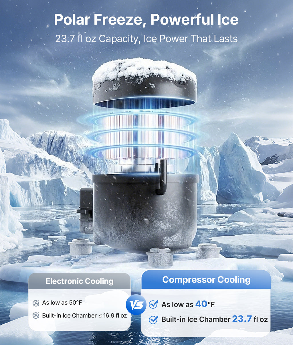 Ice maker with snowy mountain background and text about capacity and cooling system.