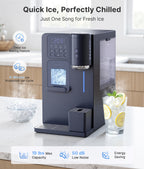 Ice machine on a kitchen counter with a glass of lemonade and ice cubes.