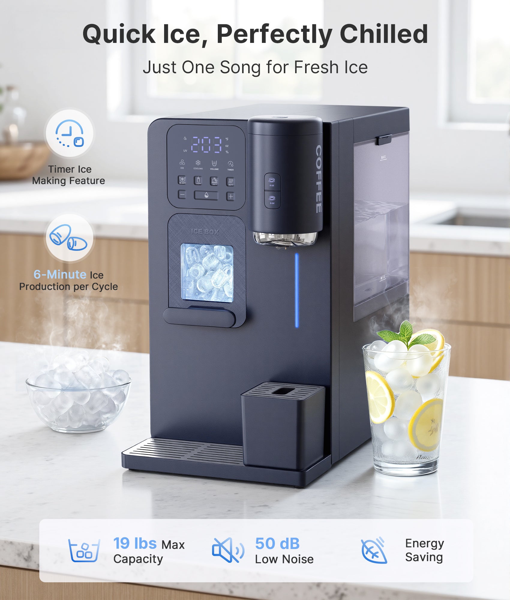 Ice machine on a kitchen counter with a glass of lemonade and ice cubes.