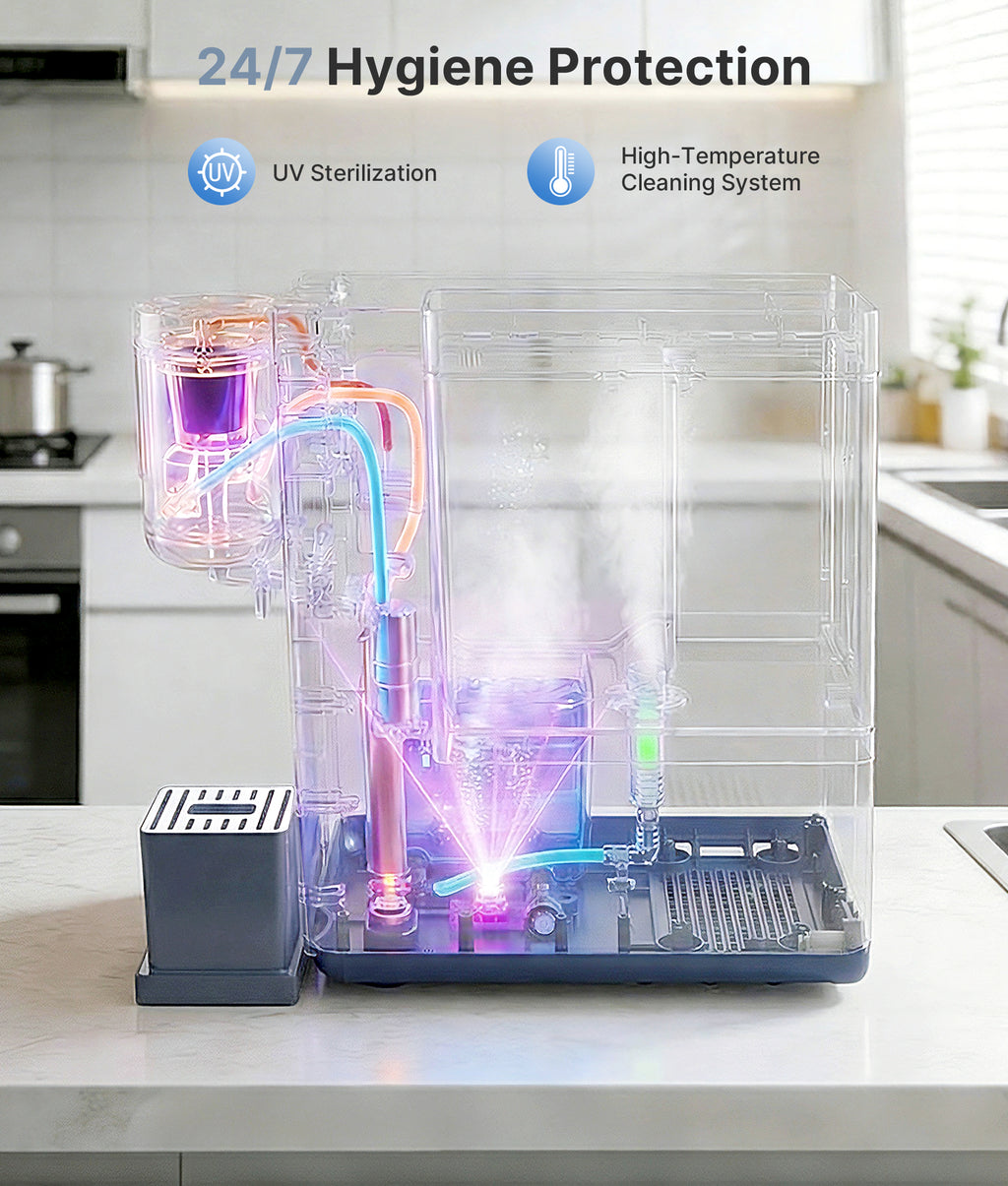 Kitchen appliance with UV sterilization and high-temperature cleaning system on a kitchen counter.