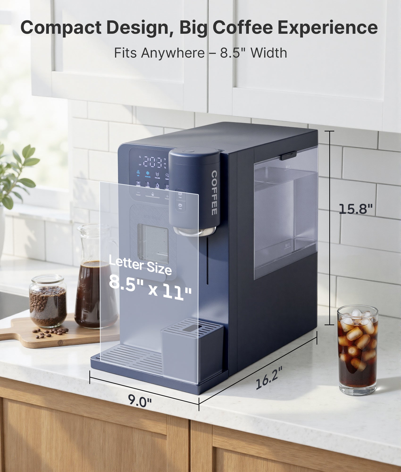 Compact coffee machine on a kitchen counter with dimensions displayed