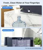 Demonstration of auto and manual water filling into a water dispenser with text on safe drinking water usage.