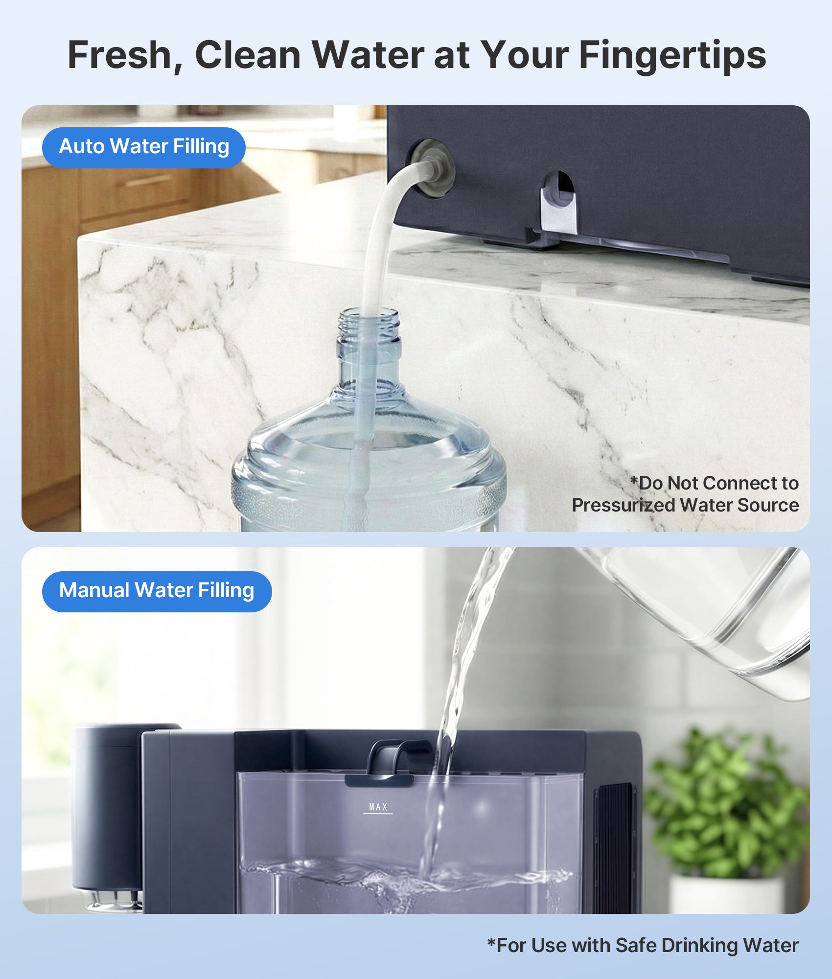 Demonstration of auto and manual water filling into a water dispenser with text on safe drinking water usage.